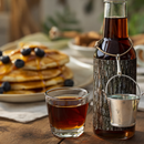 Vermont Maple Tree syrup bottle with miniature sap bucket beside pancakes and a glass of pure maple syrup
