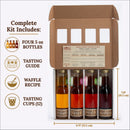 Vermont sugarhouse maple syrup sampler from Maple Farmers - complete tasting kit from small family farms - with four 5oz bottles, tasting guide, waffle recipe card, and twelve cheery tasting cups